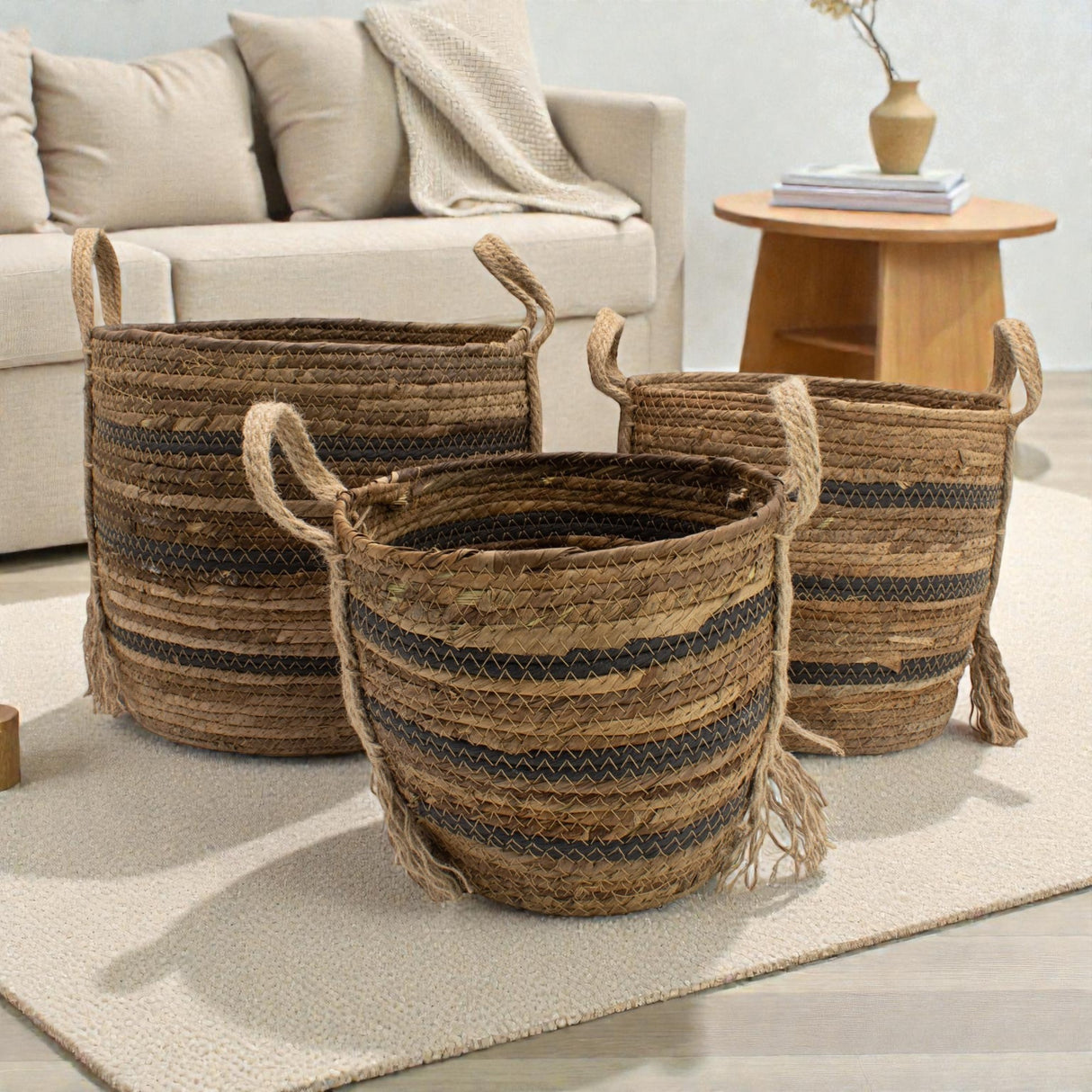 Bananblader og sjøgress store kurver – naturlige brune – sett med 3