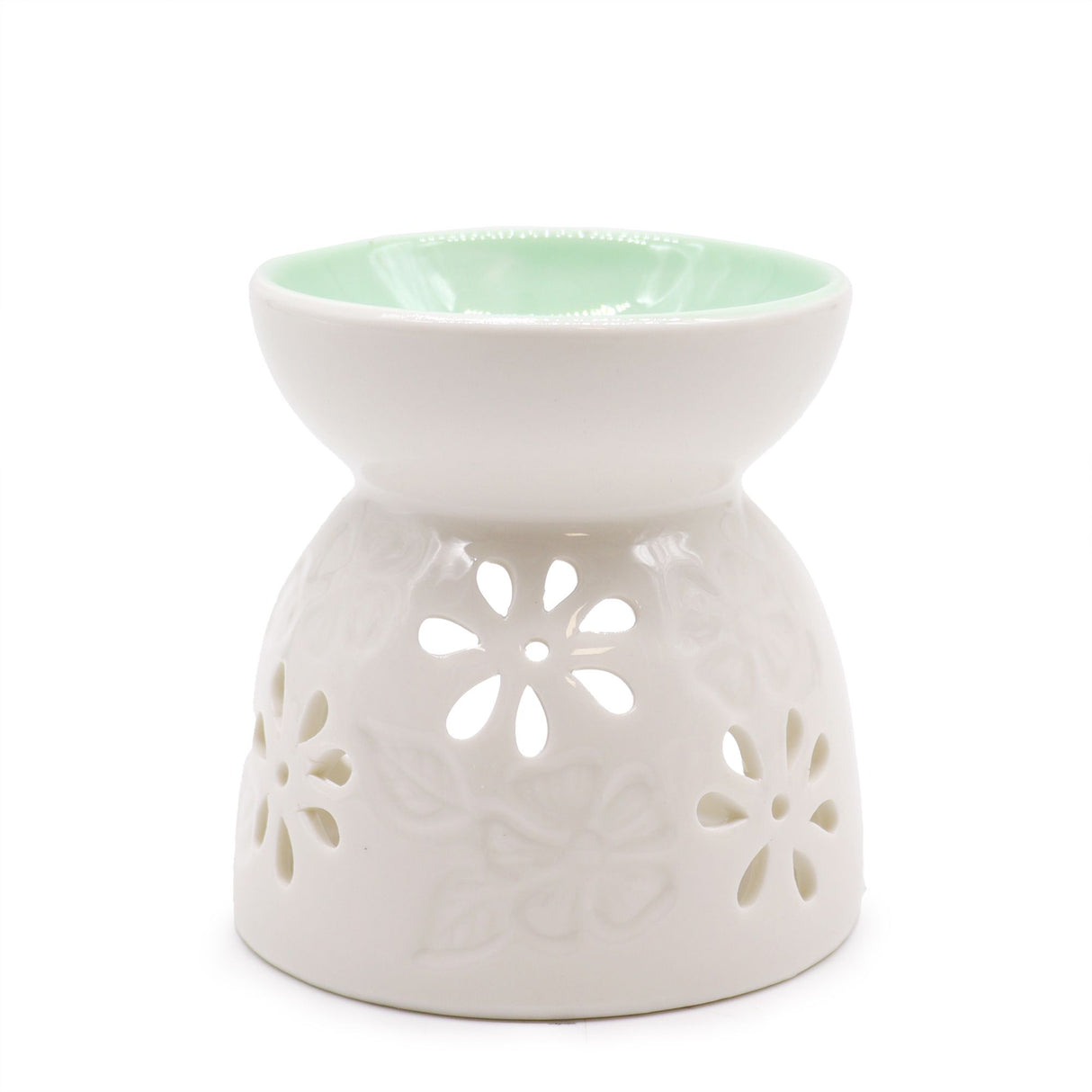 White Ceramic Oil Burner – Floral Teal Well