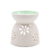 White Ceramic Oil Burner – Floral Teal Well