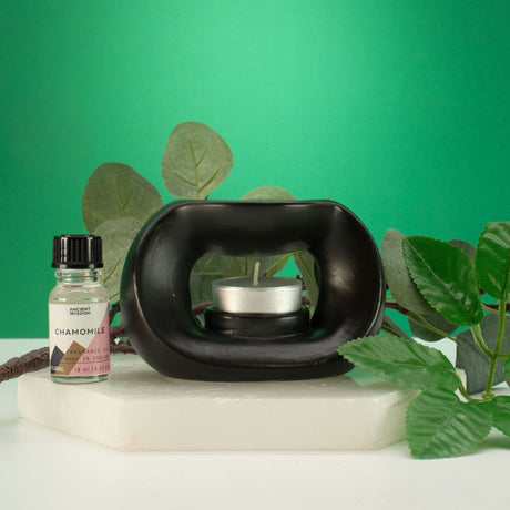 Quemador de Aceite Zen de Cerámica - Guijarro Ovalado - Negro Mate