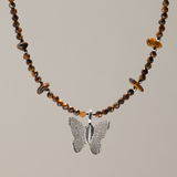 Nymph Tiger's Eye Gemstone Necklace with Real Leaf Butterfly Pendant
