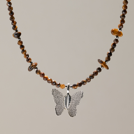 Nymph Tiger's Eye Gemstone Necklace with Real Leaf Butterfly Pendant