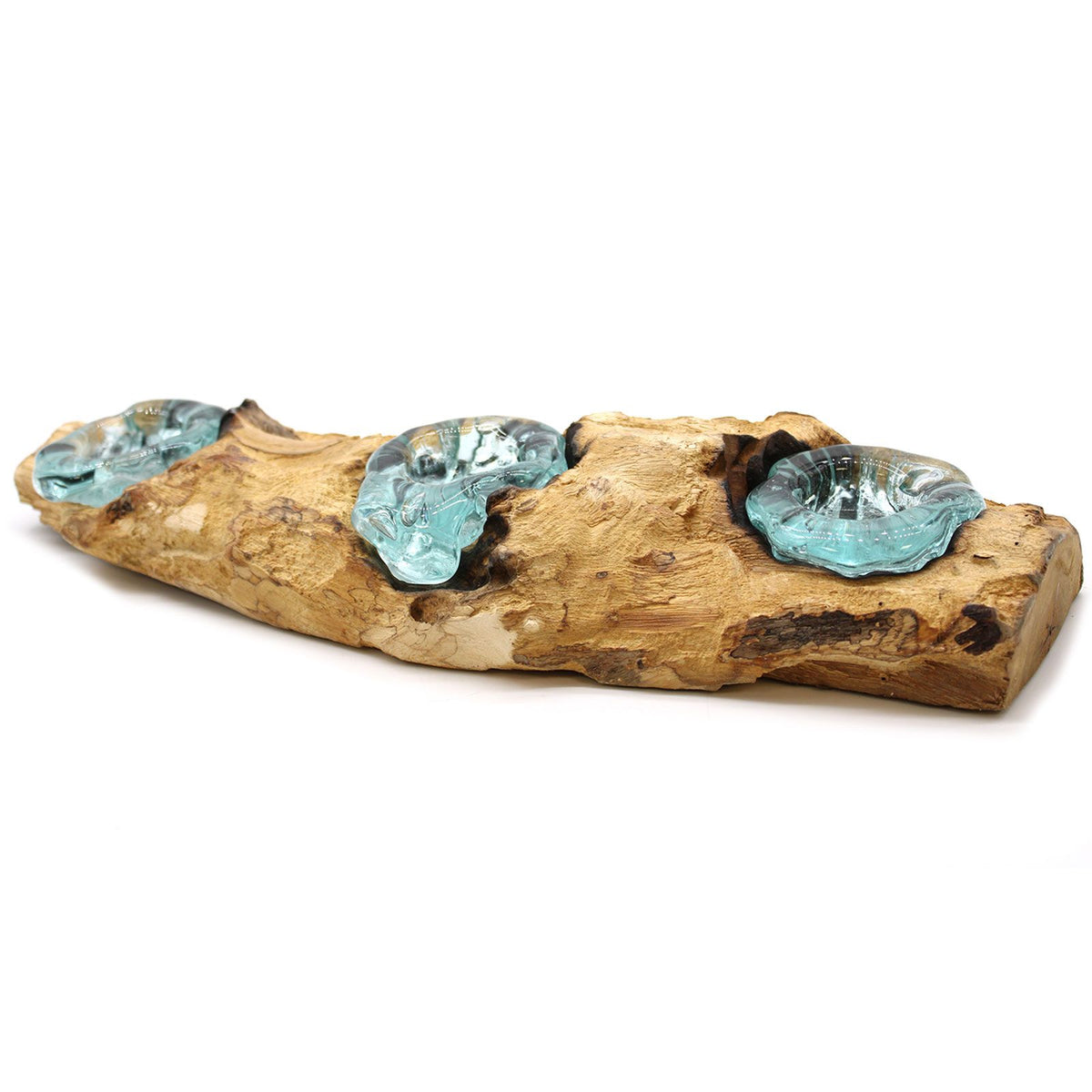 Candle Holder Triple Molten Glass on Wood Base