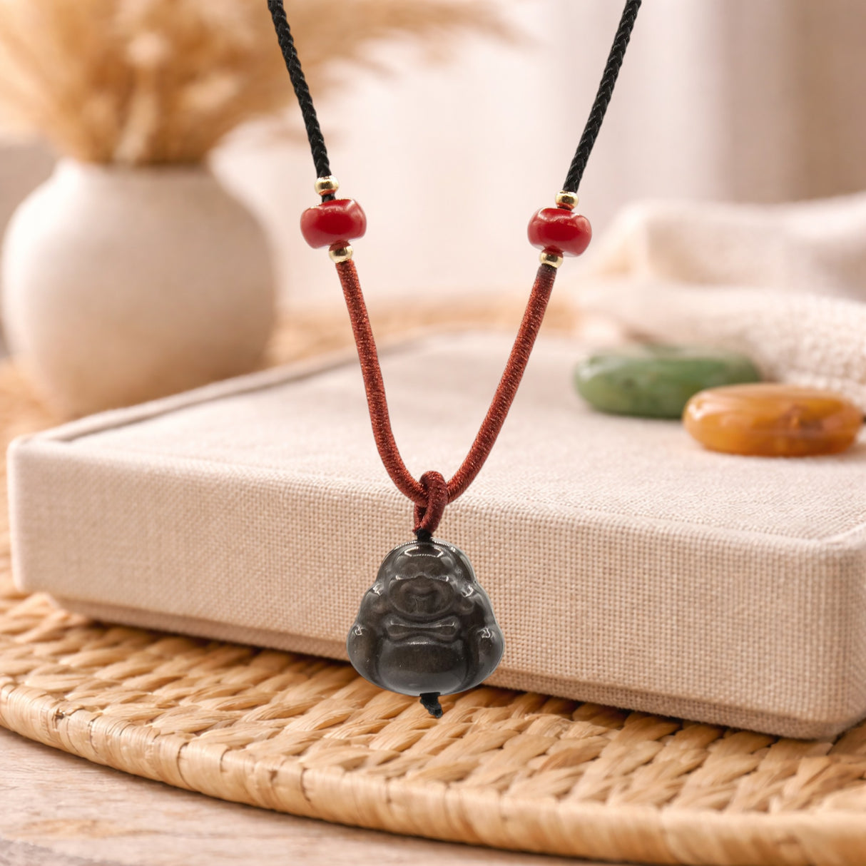 Serin Değerli Taş Kolye Uçları – Gümüş Obsidyen Buda