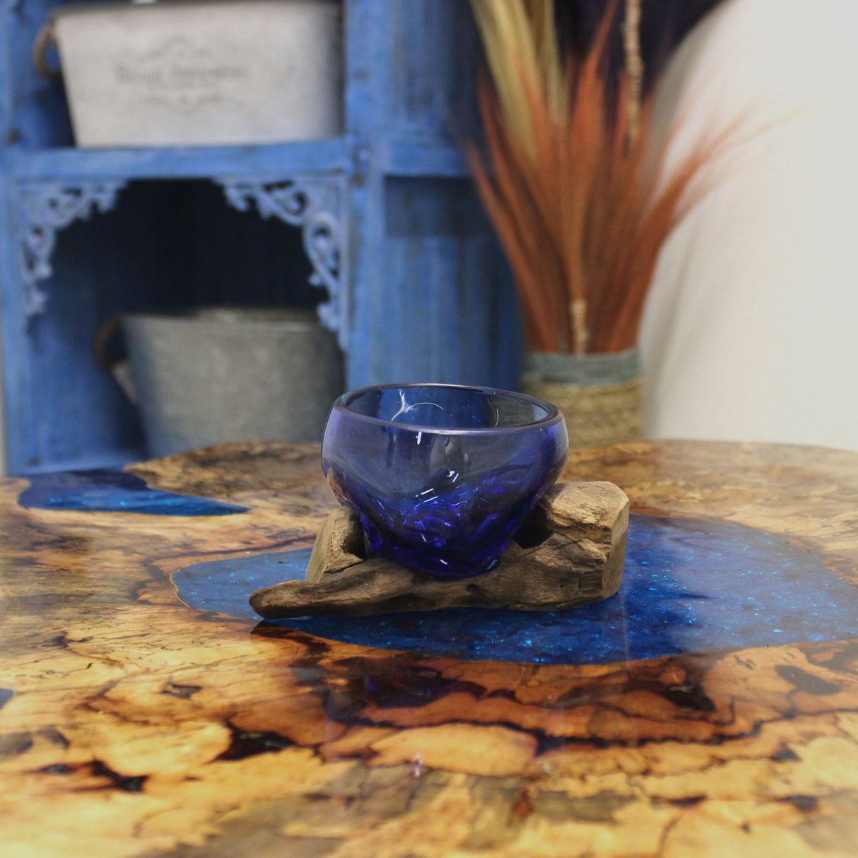 Molten Glass Bowl on Wood Mini Blue