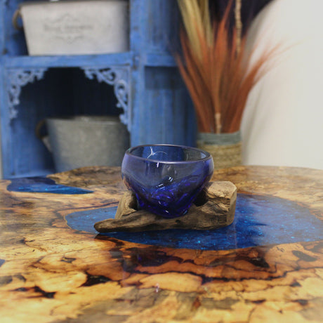 Molten Glass Bowl on Wood Mini Blue