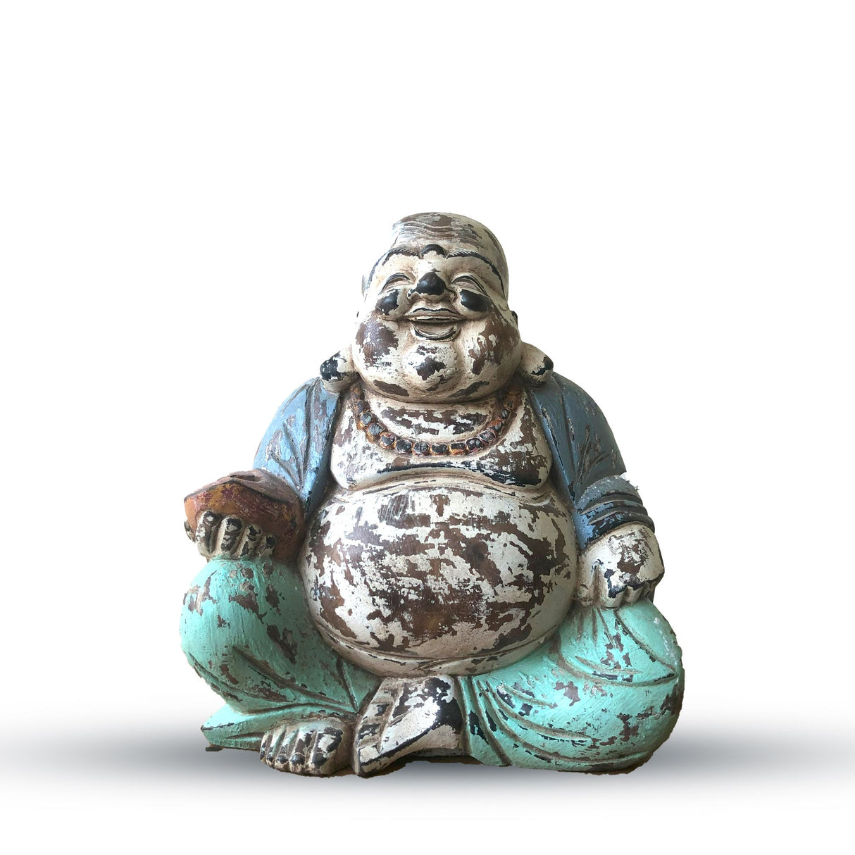 Buddha Statue Happy Buddha Wooden 30cm Blue Mint