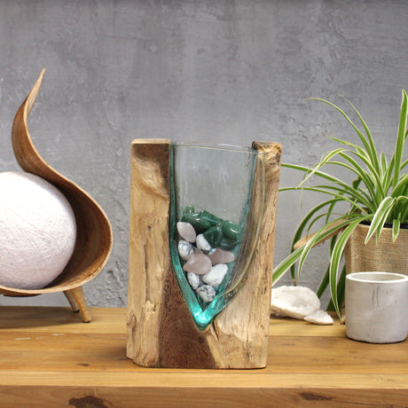 Glass Vase On Wood Base V-Shaped