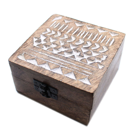 Wooden Box Whitewashed Aztec Design 10x10 cm