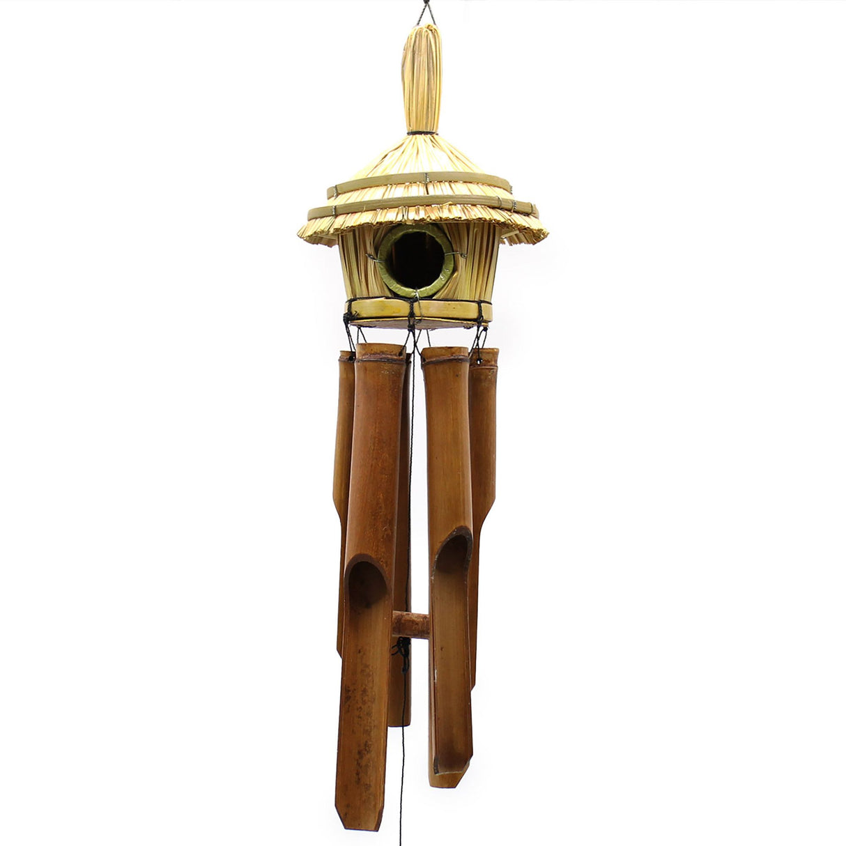 Boîte oiseau ronde en herbe de mer avec carillons 45x17cm