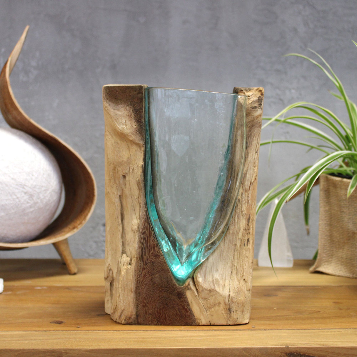Glass Vase On Wood Base V-Shaped