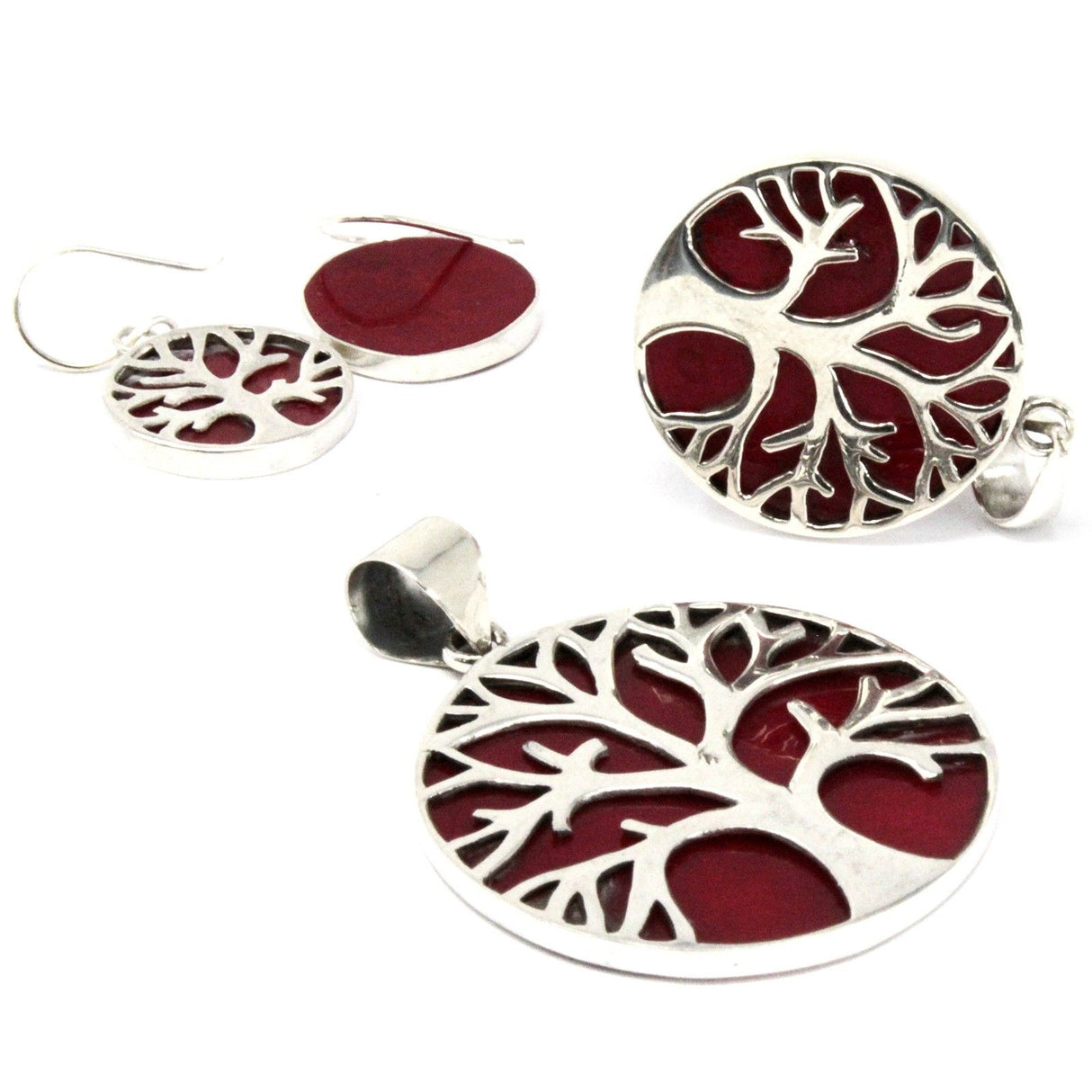 Boucles d'oreilles Arbre de Vie argent effet corail, paire