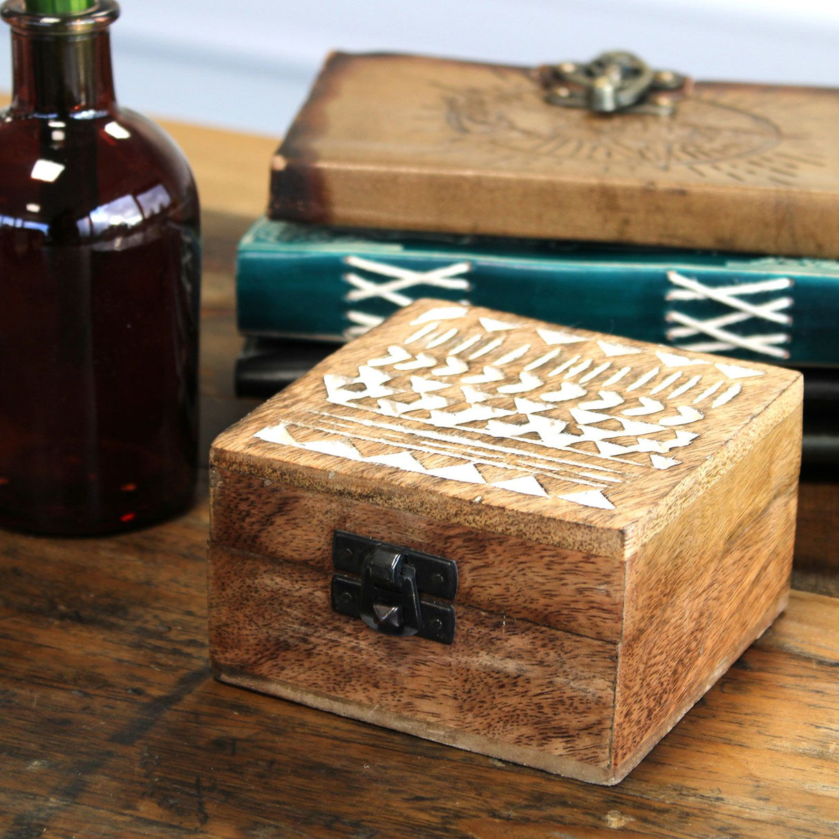 Wooden Box Whitewashed Aztec Design 10x10 cm