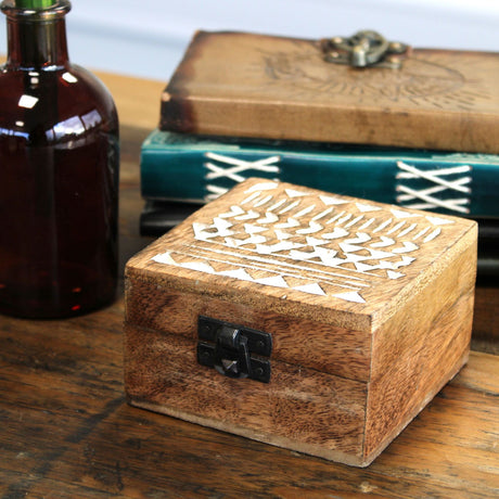 Wooden Box Whitewashed Aztec Design 10x10 cm