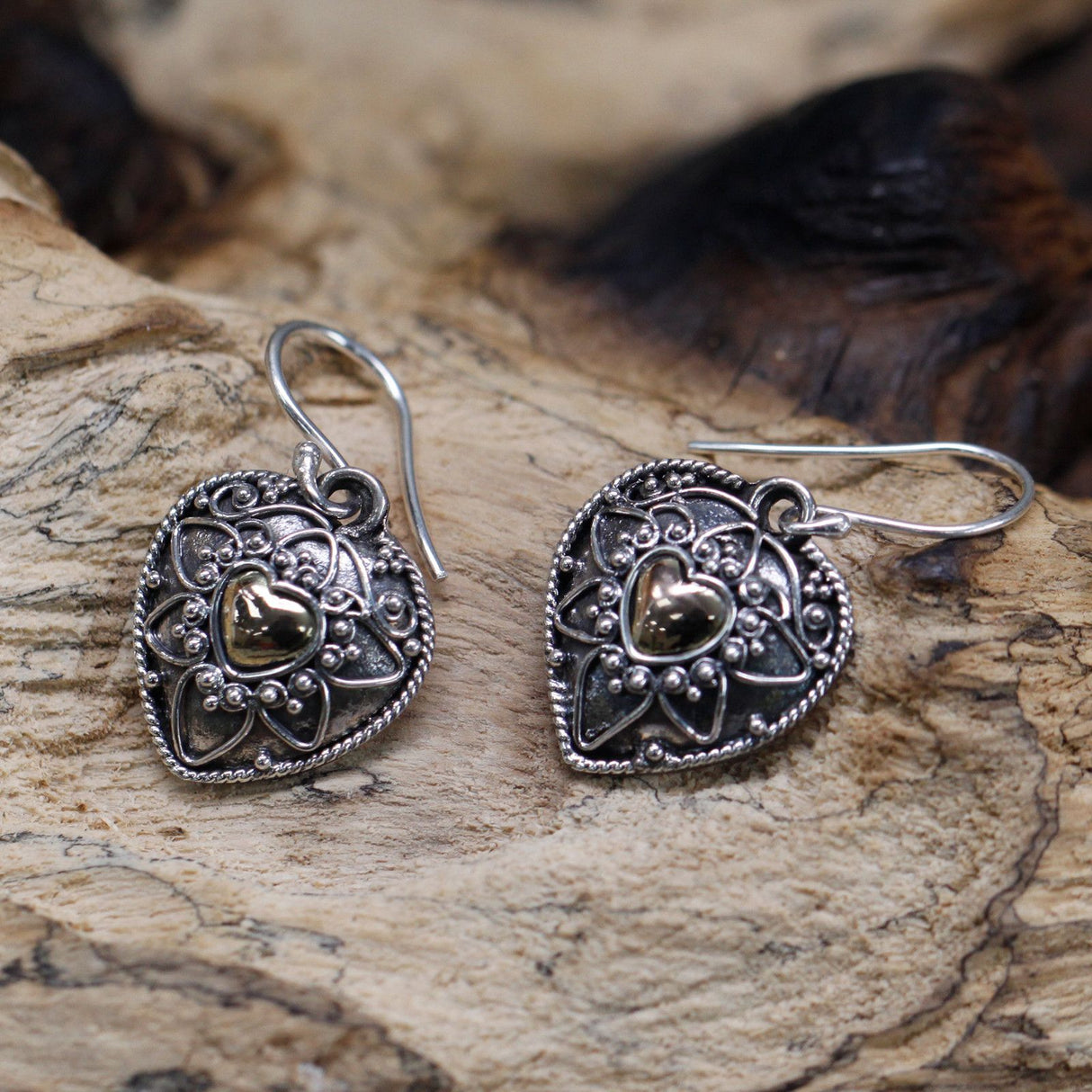 Gold and Silver Dangle Earrings Mandala Hearts Pair