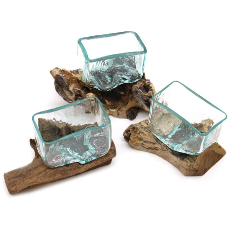 Recycled Molten Glass Bowl on Wood, Small