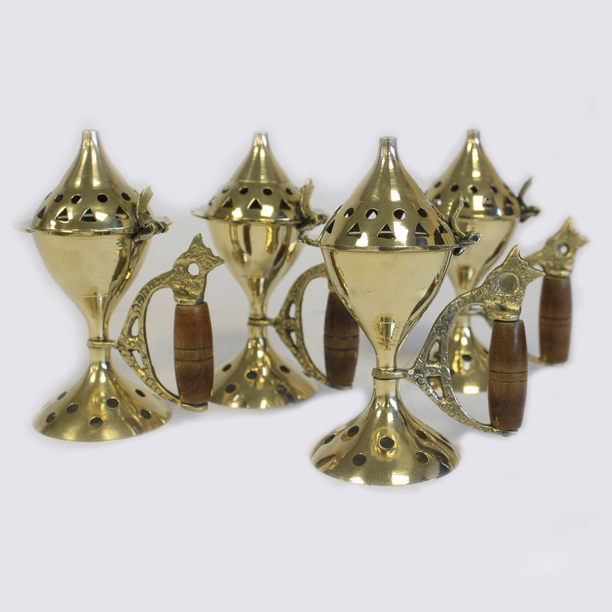 Arzător de tămâie din alamă cu mâner din lemn