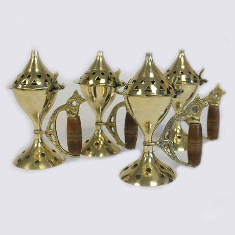 Arzător de tămâie din alamă cu mâner din lemn