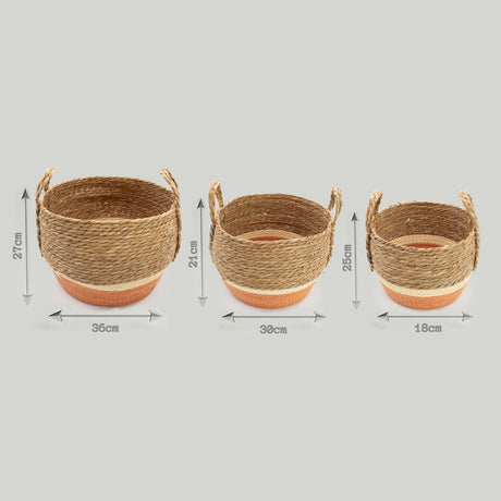 Straw & Seagrass Large Baskets – Natural & Orange- Set of 3