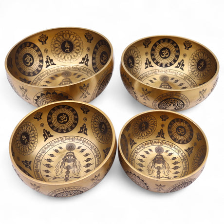 Set of 4 Etched Brass Tibetan Singing Bowls