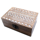 Wooden Box Whitewashed Aztec Design 15x10x6 cm