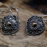 Gold and Silver Dangle Earrings Mandala Hearts Pair