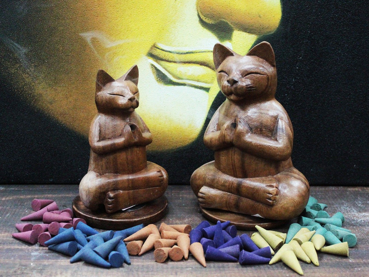 Incense Cone Burner, Wooden Yoga Cat