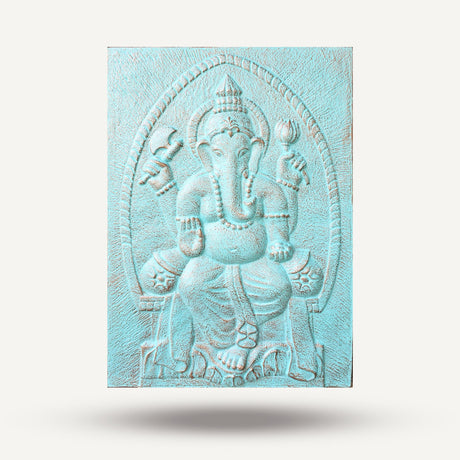 Ganesha Iron Frame Relief Sculpture, 0.7x1m Turquoise