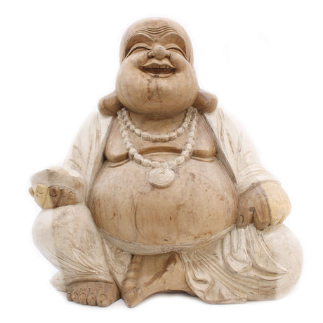 Buddha Statue Happy Whitewash Suar Wood 50cm