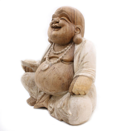 Buddha Statue Happy Whitewash Suar Wood 50cm