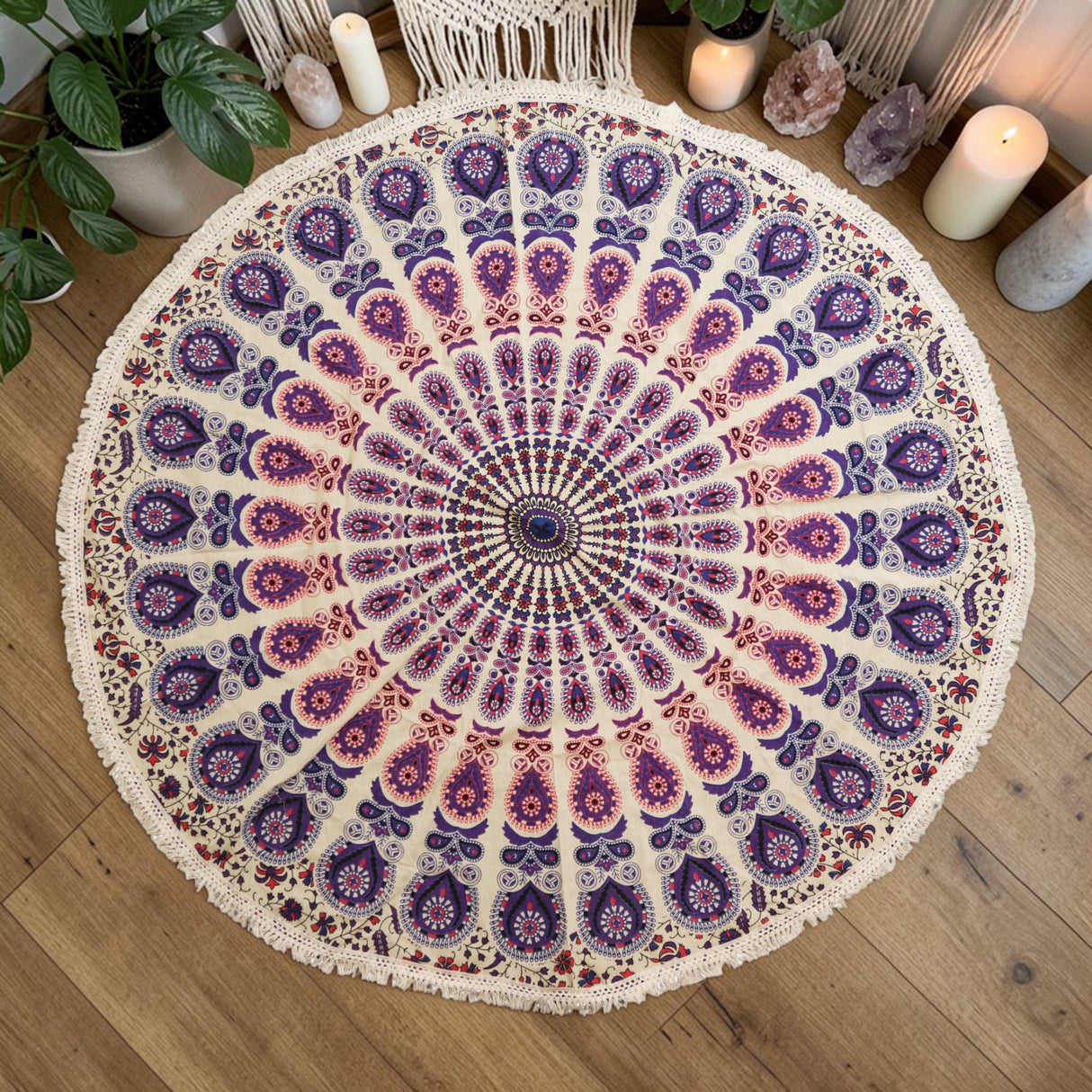 Small Mandala Roundie Cotton Art (130cm) – Peacock Purples, Wall Art