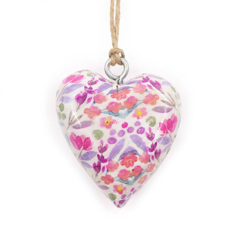 Wooden Hanging Heart Ornament, Large Floral Design