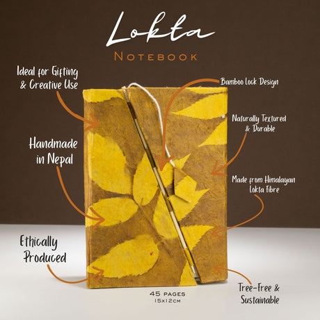 Lokta Tjockt Blommigt Bambulåsbok – Mellanstor (15x12cm) – 45 Sidor – Senapsbrun