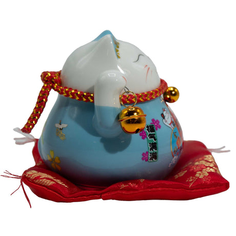Ceramic Money Cat Moving Hand – Blue on Cushion