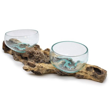 Verre fondu sur bois support double très grand, 70cm