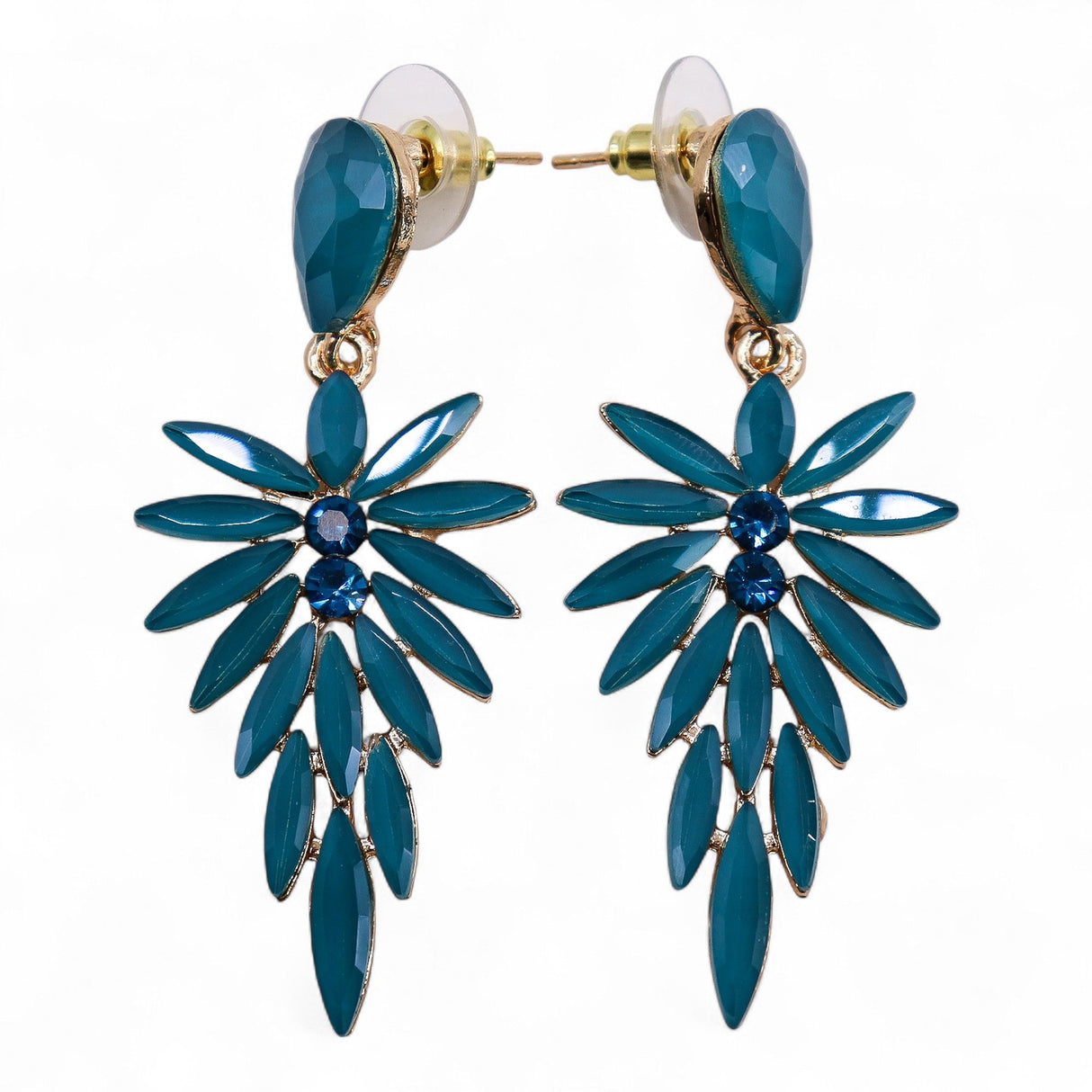 Vintage Teal Green Glass Long Drop Leaf Earrings