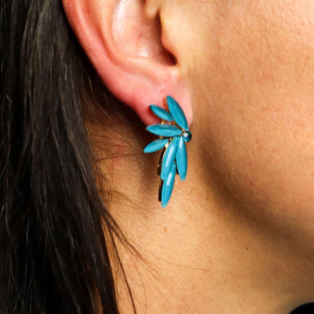 Teal Green Vintage Glass Leaf Fairy Crystal Earrings