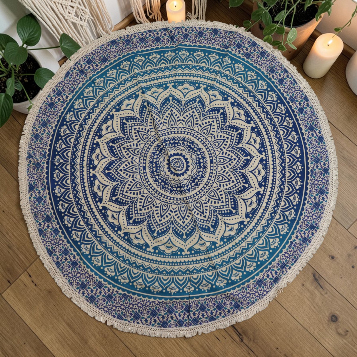 Small Mandala Roundie Cotton Art (130cm) – Classic Blue, Wall Art