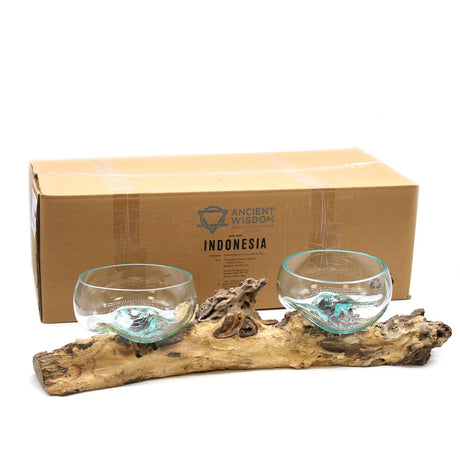 Verre fondu sur bois support double très grand, 70cm