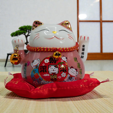 Ceramic Money Cat Moving Hand – Pink on Cushion