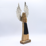 Hand-Carved Mango Wood Guardian Angel Statue, Metal Wings