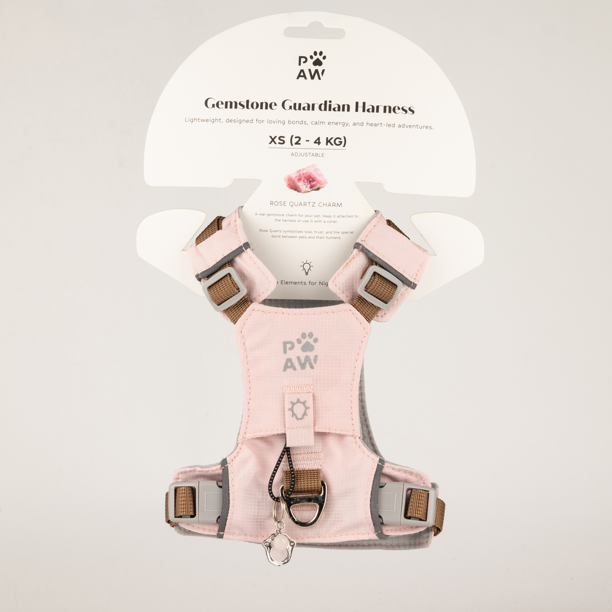 PAW - XS (2-4Kg) Dog Step-in Guardian Harness with Reflective Mesh - Soft Pink - Rose Quartz Charm