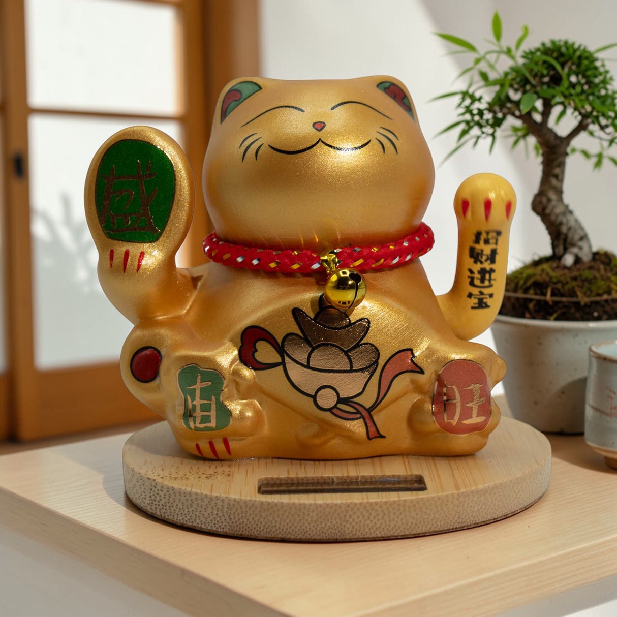 Solárna mačka na peniaze s dreveným podstavcom – zlatá pohyblivá ruka