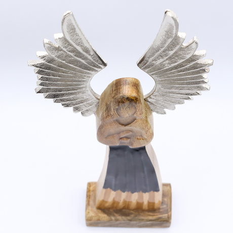 Hand-Carved Mango Wood Guardian Angel Statue, Metal Wings