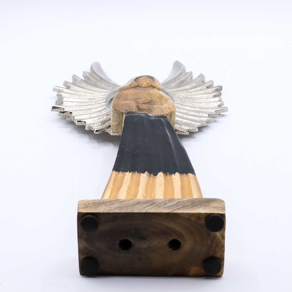 Hand-Carved Mango Wood Guardian Angel Statue, Metal Wings