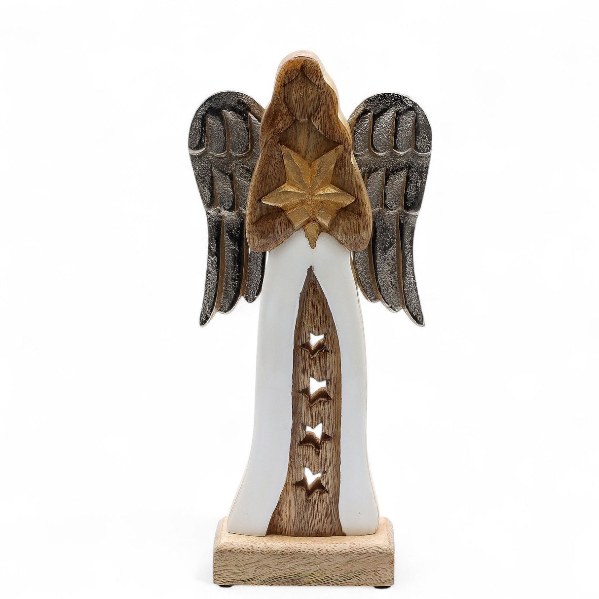 30cm Mango Wood Angel Figurine with Metal Wings