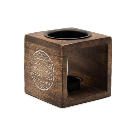 Quemador de Aceite Cuadrado de Madera de Mango – Flor de la Vida