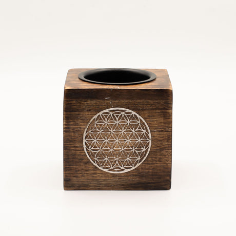 Quemador de Aceite Cuadrado de Madera de Mango – Flor de la Vida