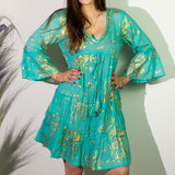 Coral Print Dress Turquoise Gold Nomad