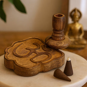 Backflow Incense Burner Mango Wood Om - SHAMTAM.COM